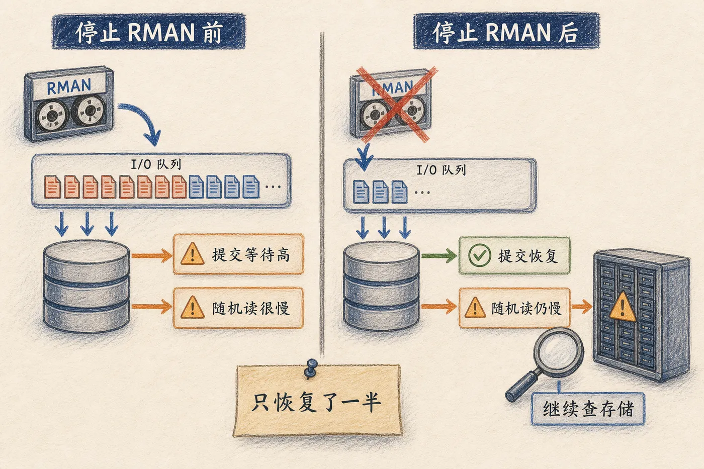 停止 RMAN 前后数据库等待变化的手绘对比图