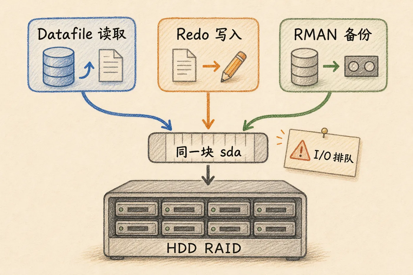 数据库文件、Redo 与 RMAN 备份共享同一存储路径的手绘示意图