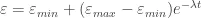 \varepsilon = \varepsilon_{min} + (\varepsilon_{max} - \varepsilon_{min}) e^{-\lambda t}