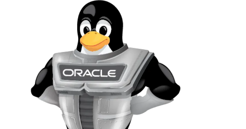 Linux Tux 插图 - 一只企鹅，穿着印有 Oracle 的盔甲