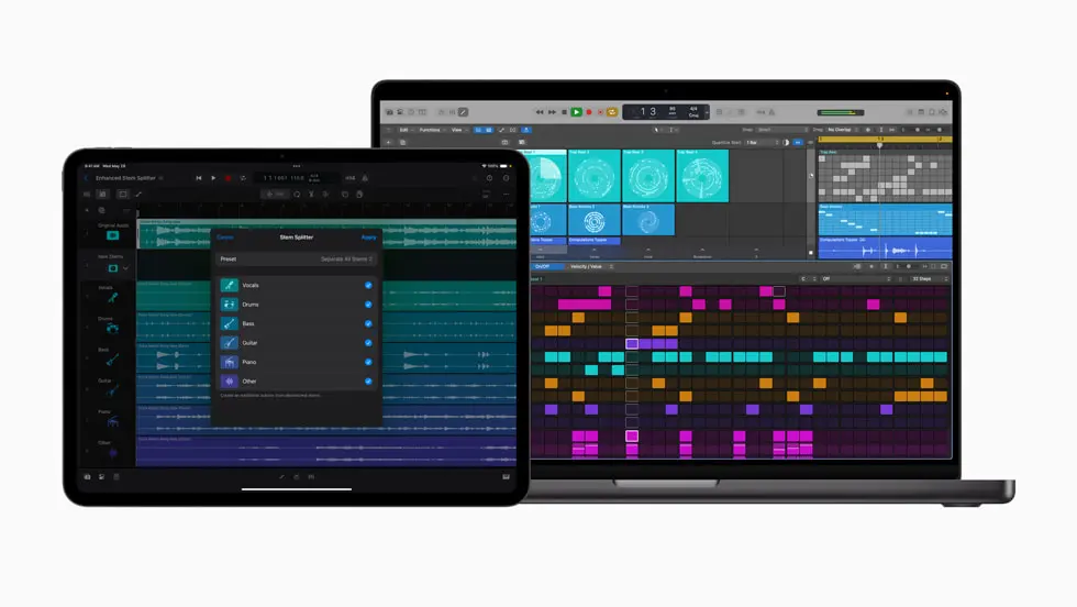 iPad 和 Mac 上显示着更新版 Logic Pro。