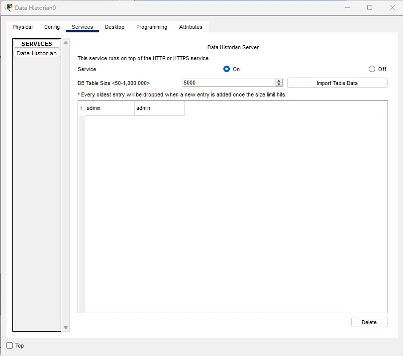 Packet Tracer 9.0 data historian server