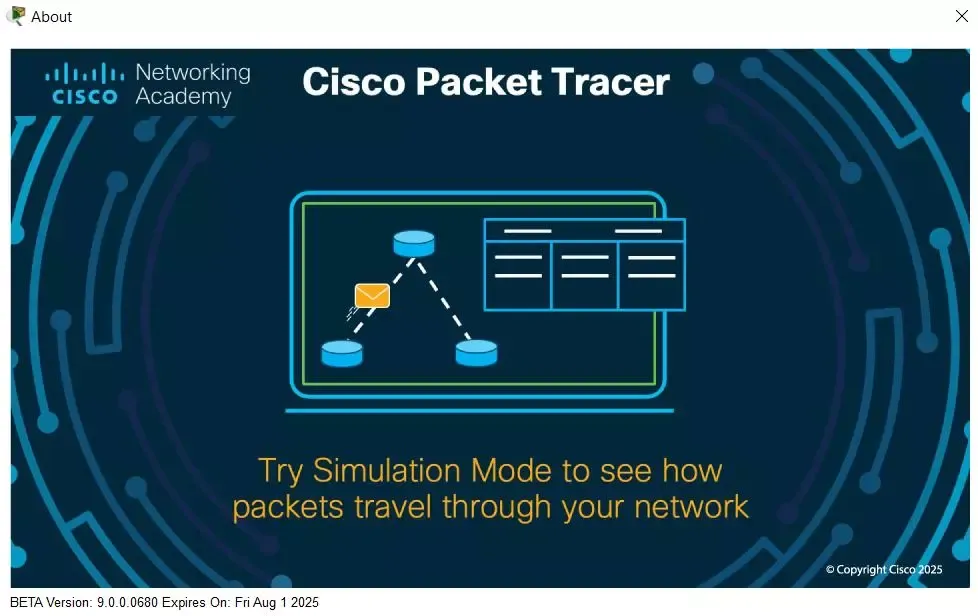 Cisco Packet Tracer 9.0 build 9.0.0.0680 splash screen