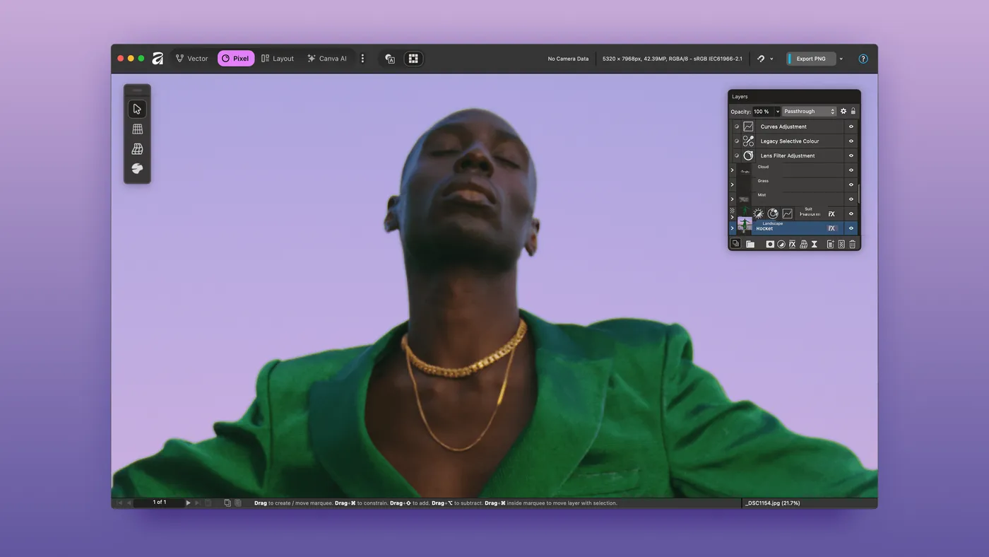 Image of a photo of a male model being edited in Affinity with their award winning photo editing tools