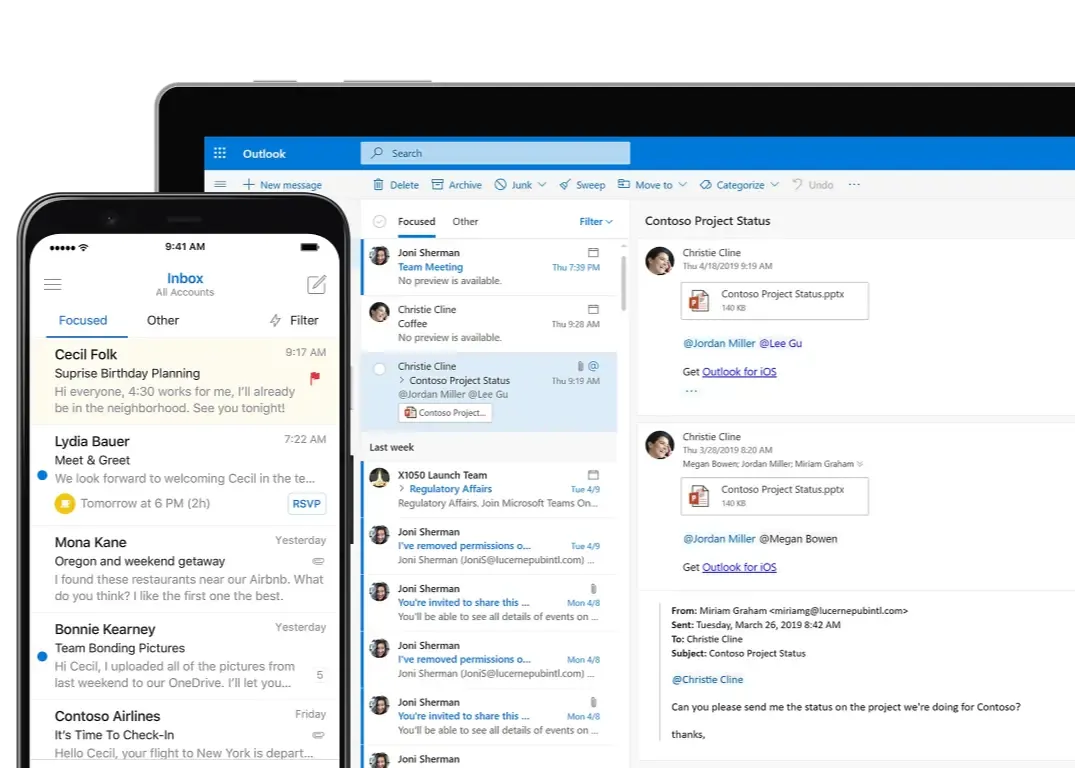 两个设备屏幕,每个屏幕上都显示 Outlook Exchange 电子邮件收件箱
