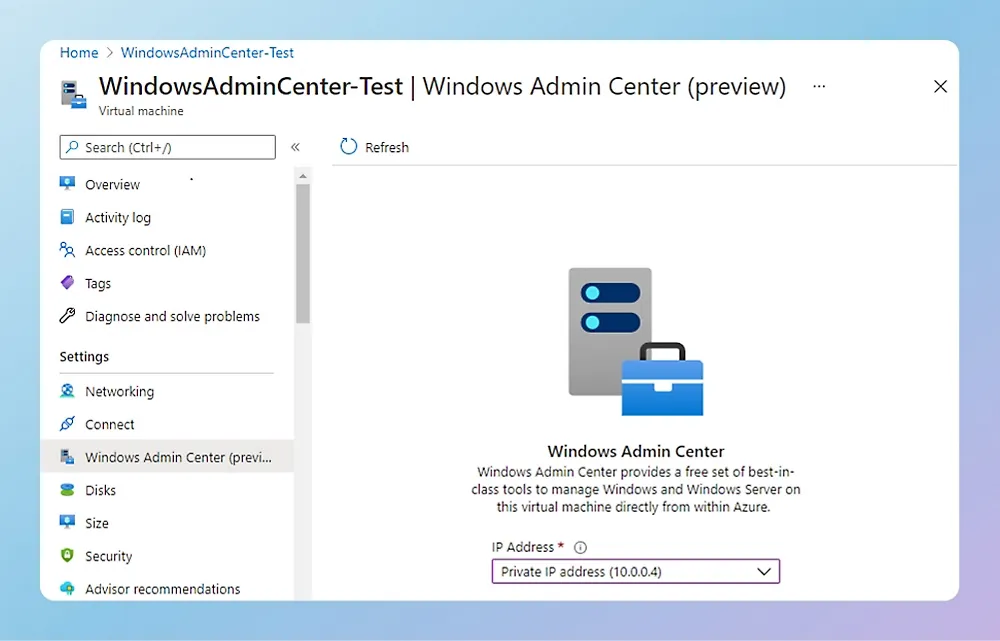 Windows Admin Center 的屏幕截图,其中显示各种设置和选项