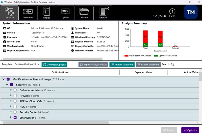 Omnissa Horizon Windows OS Optimization Tool after clicking Analyze
