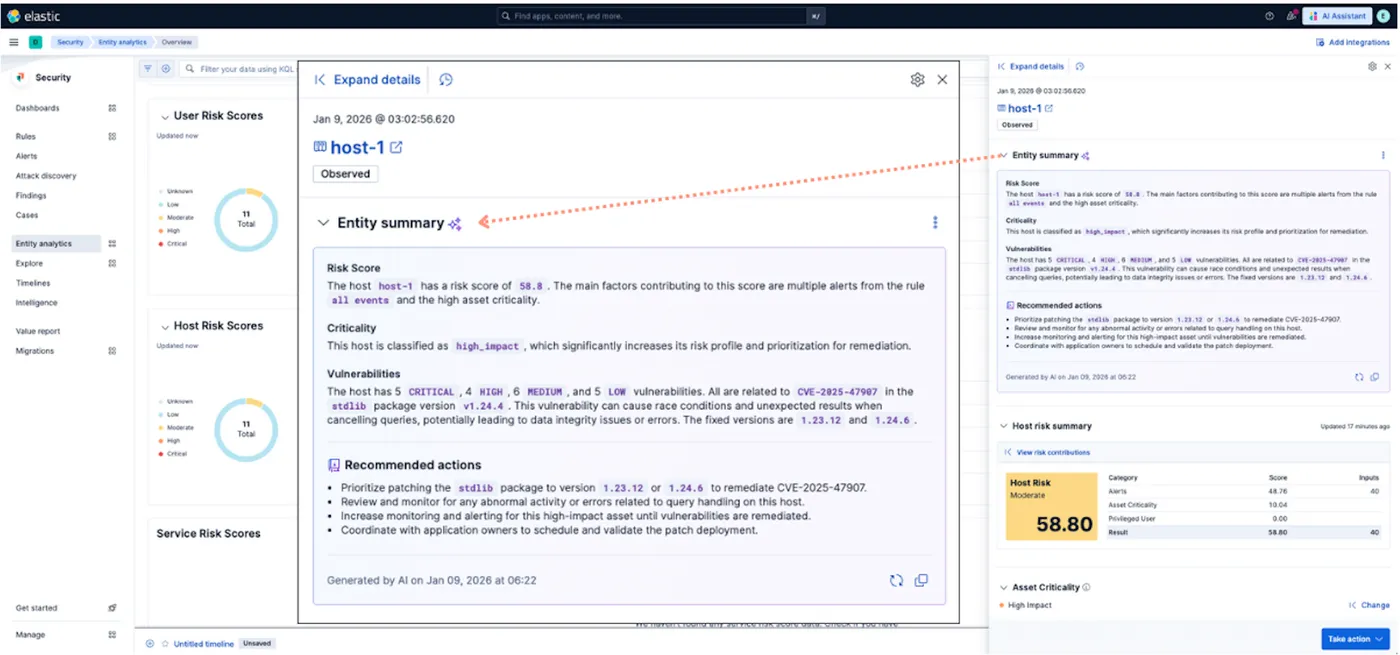 With Elastic 9.3, Entity Analytics has been enhanced to provide AI-generated summaries of entity risk based on attributes, such as anomalies, vulnerabilities, misconfigurations, and asset criticality.