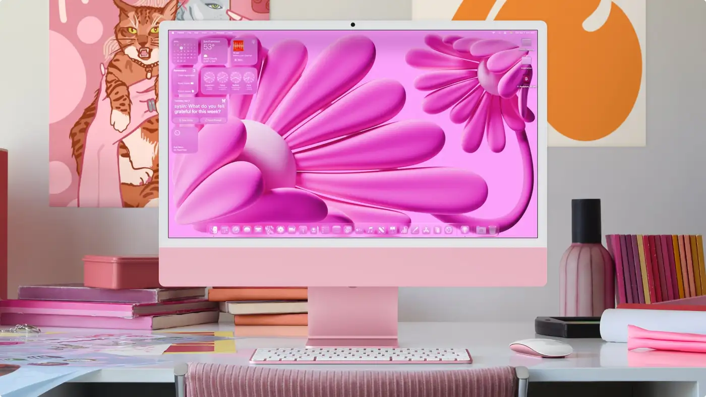 一台 iMac 上显示着设计一新的主屏幕。