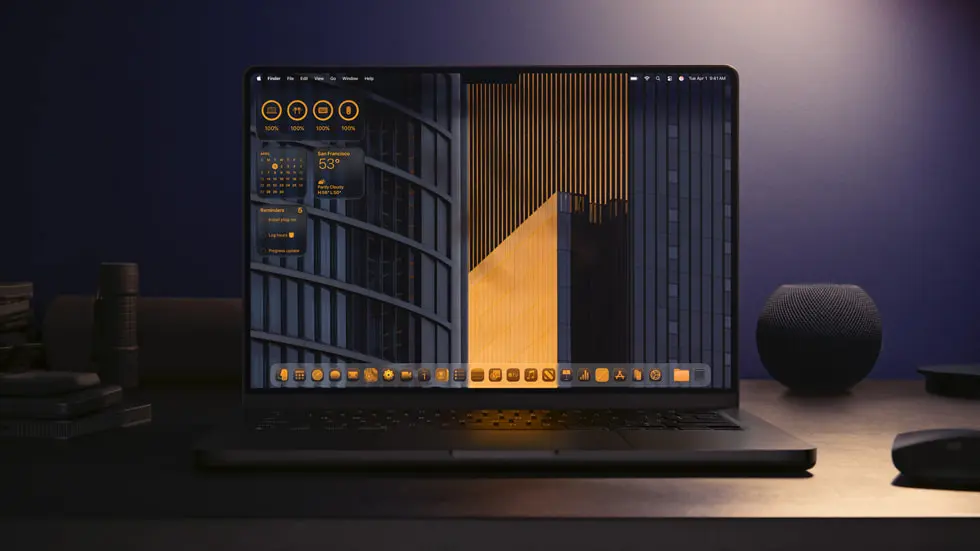 一台 MacBook Pro 上显示着设计一新的主屏幕。 