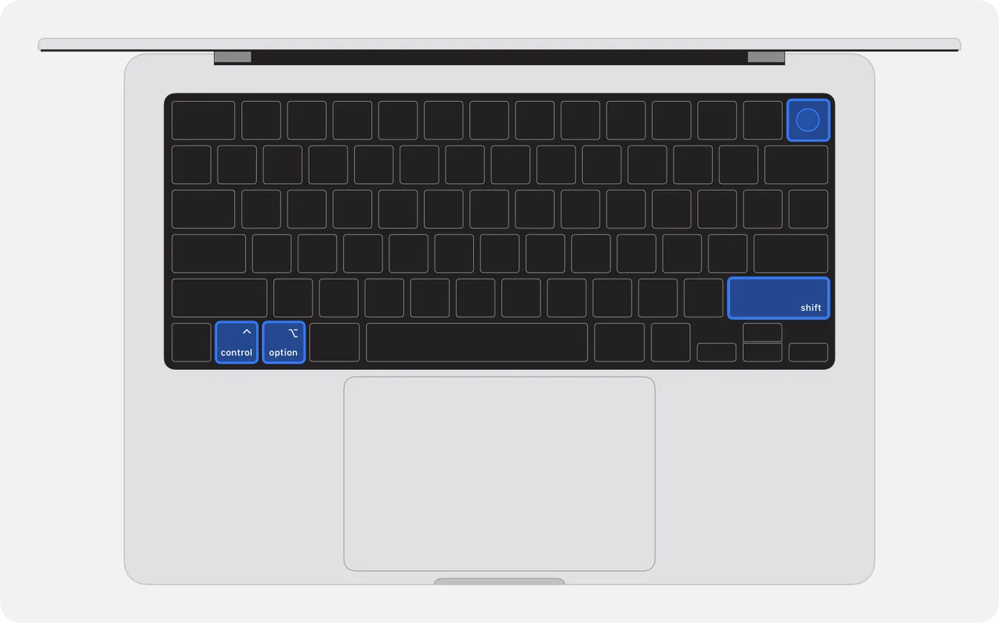 MacBook Pro 键盘，显示了要按的四个按键