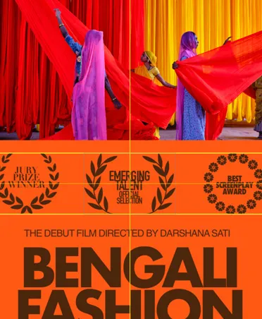 Bengali Fashion 纪录片的橙黑配色电影海报，图像中央有横向和纵向智能参考线。