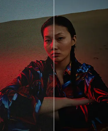 一名女子黄昏时分在沙丘上的照片，照片分割为两部分，展示降噪工具的效果。