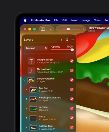 16 英寸 MacBook Pro 屏幕展示色彩缤纷的汉堡插画以及 Pixelmator Pro 的排列工具。