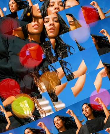 一名女子的照片以网格形式排布，展示同一张照片的不同细节。