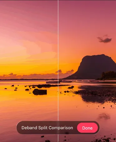 日落沙滩的照片，照片底部显示去色带工具。