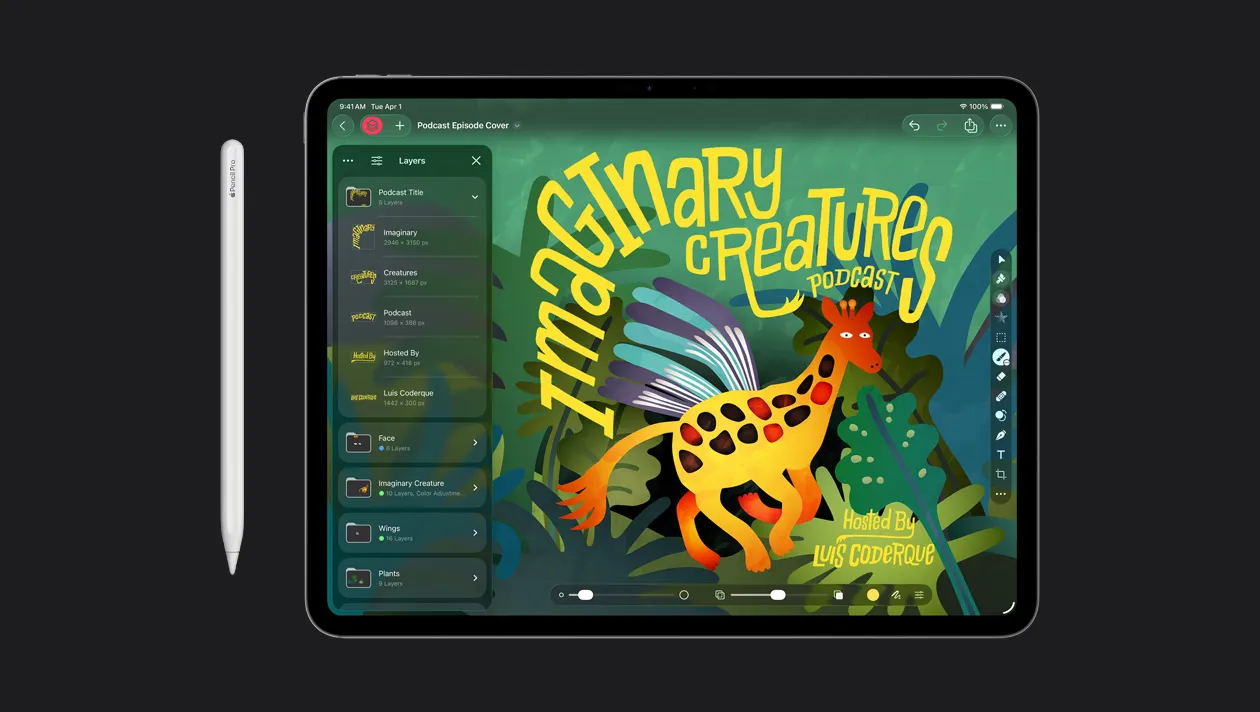 13 英寸 iPad Pro 屏幕显示关于播客节目“fantastical creatures”的插画，设备旁边有一支 Apple Pencil。