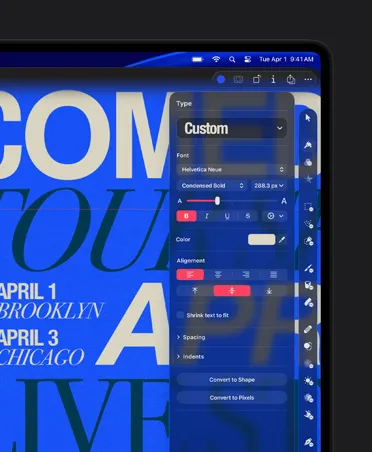 16 英寸 MacBook Pro 屏幕展示 Comedy Tour 海报图像，以及自定义样式工具。