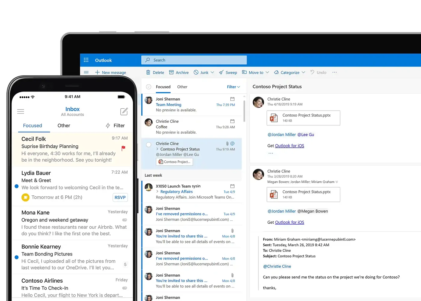 两个设备屏幕，每个屏幕上都显示 Outlook Exchange 电子邮件收件箱