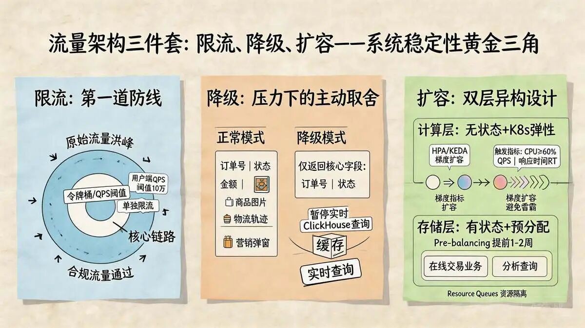 3.1 流量架构三件套：限流 + 降级 + 扩容，守住系统第一道防线