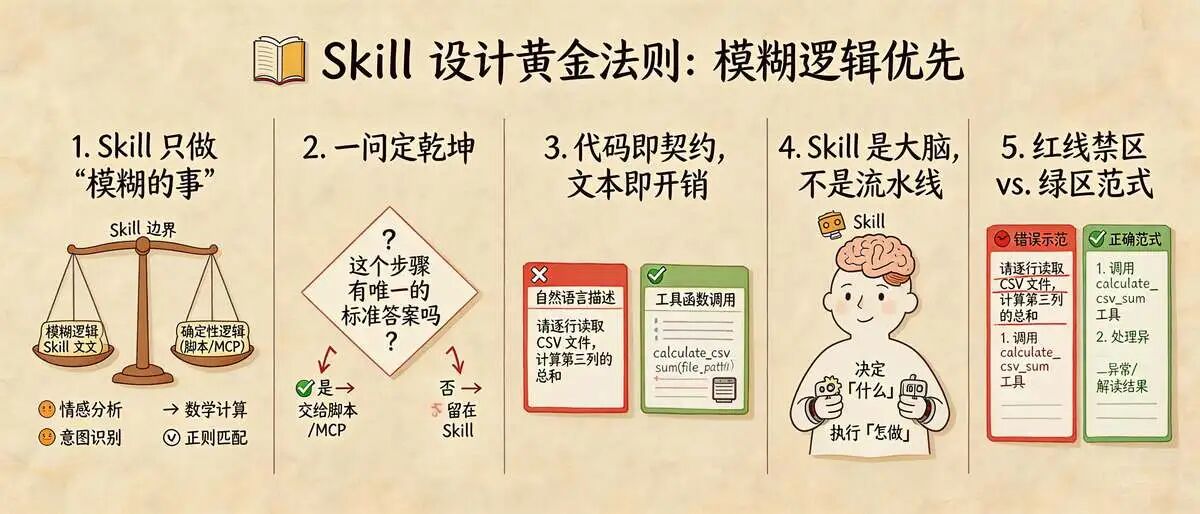 原则 1:Skill 专注于“模糊逻辑”: 只描述需要模型推理的部分
