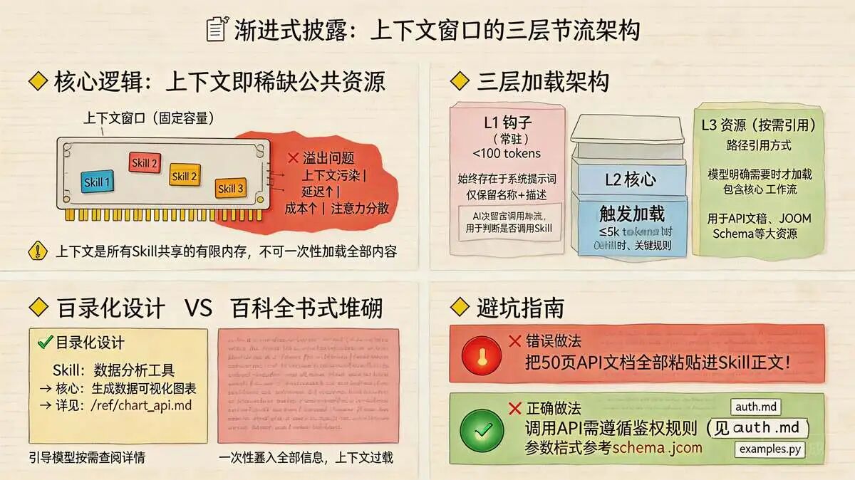 原则 2:渐进式披露: 上下文窗口是稀缺公共资源 , 最小化上下文占用