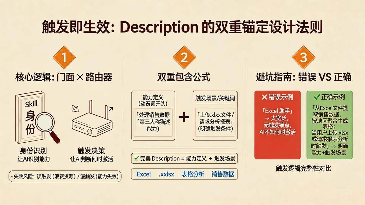 原则 3:明确触发描述: Description 必须同时讲清「做什么 + 何时用」