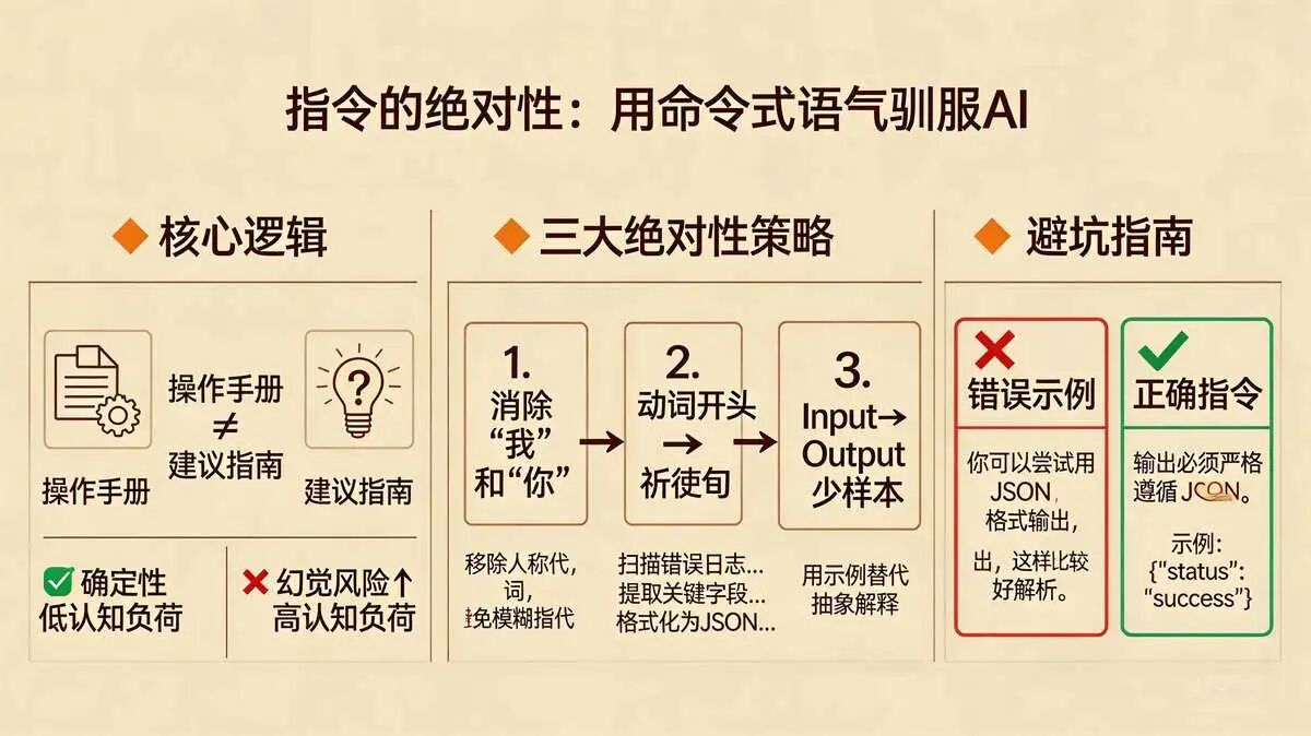 原则 4:指令的绝对性: 命令式语气,正文用祈使句,不用建议/解释