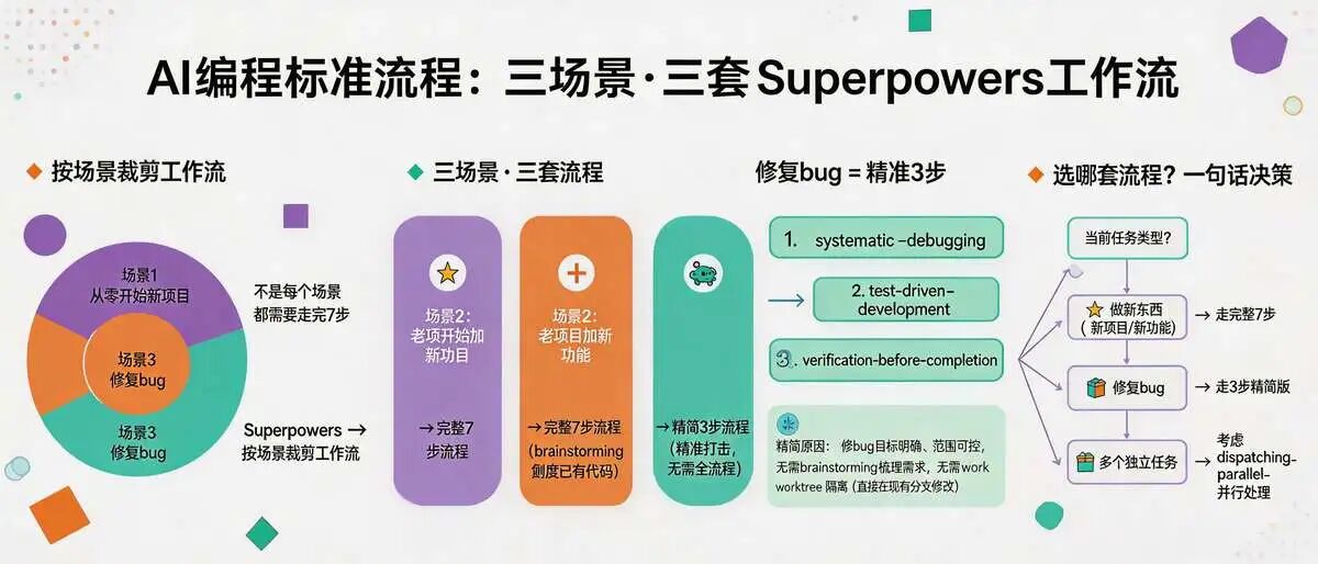 AI 编程标准流程 Superpowers 三个场景，三套流程