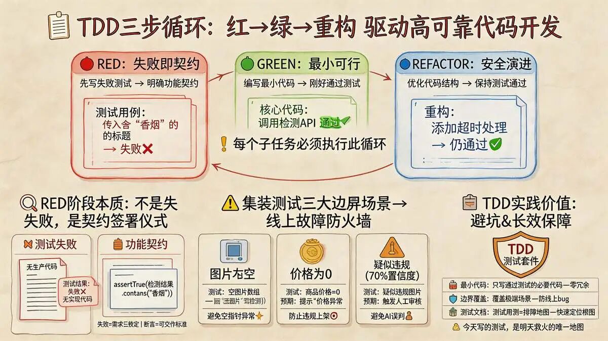 第5步：test-driven-development（TDD，测试驱动开发）—— 先写测试，再写代码，确保代码能跑通、不返工