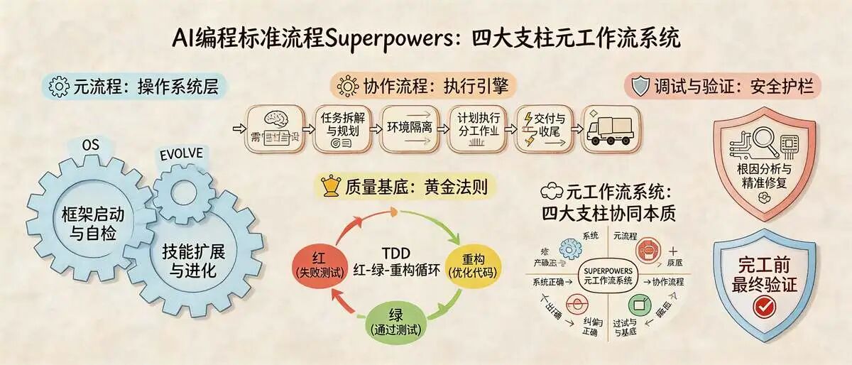 AI 编程标准流程 Superpowers 的 14 个 Skills 分类与总结