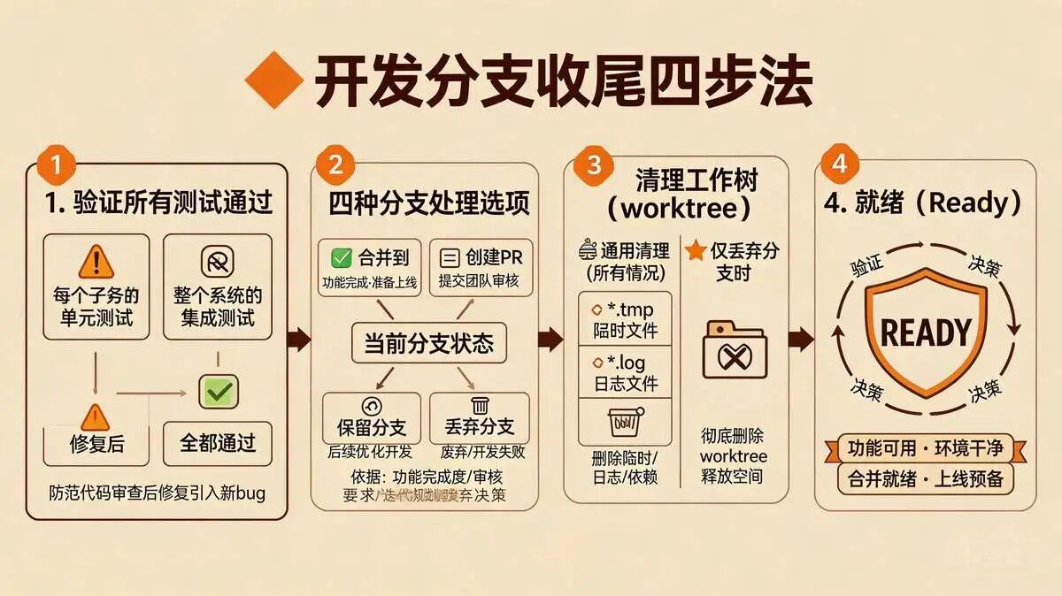 第7步：finishing-a-development-branch（收尾）—— 清理环境、验证功能，准备上线