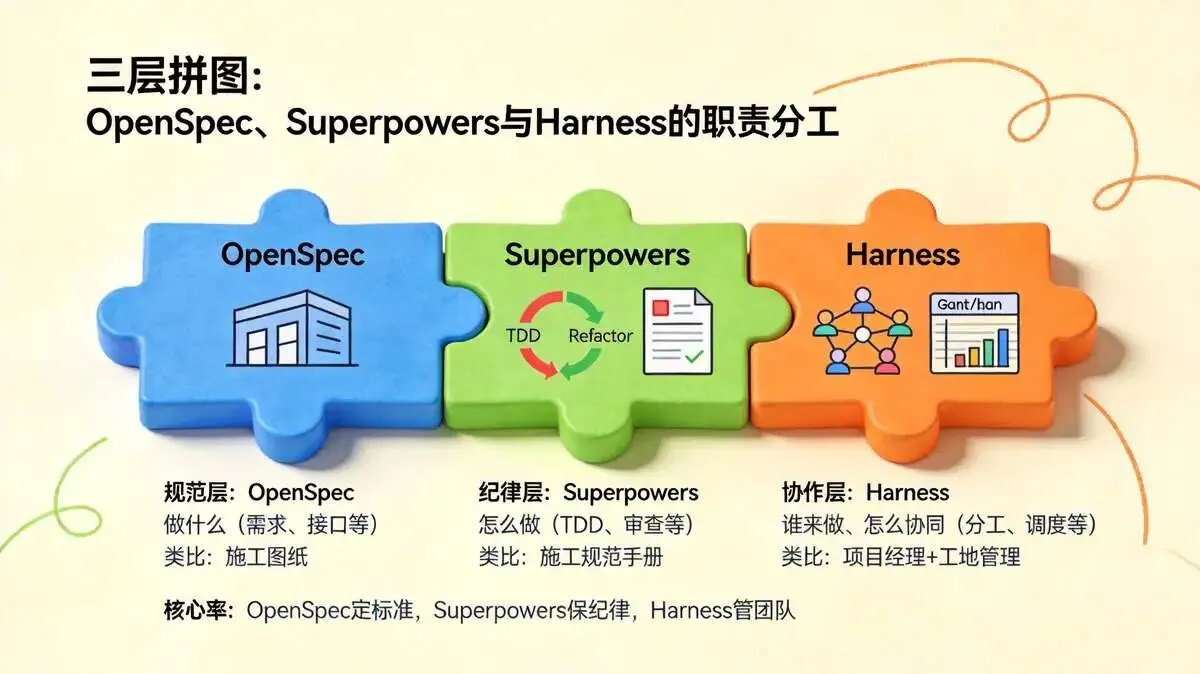 2.1、Superpowers、OpenSpec与Harness 三层拼图各管什么？