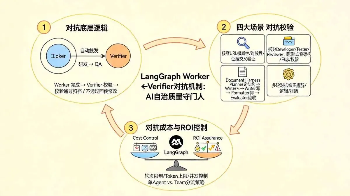 四、LangGraph 对抗机制核心设计（ Worker↔Verifier 对抗）