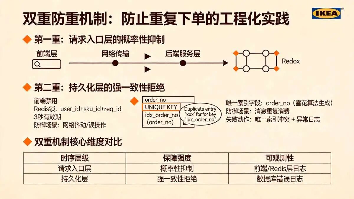 3.3 防止重复下单:双重幂等+防重校验