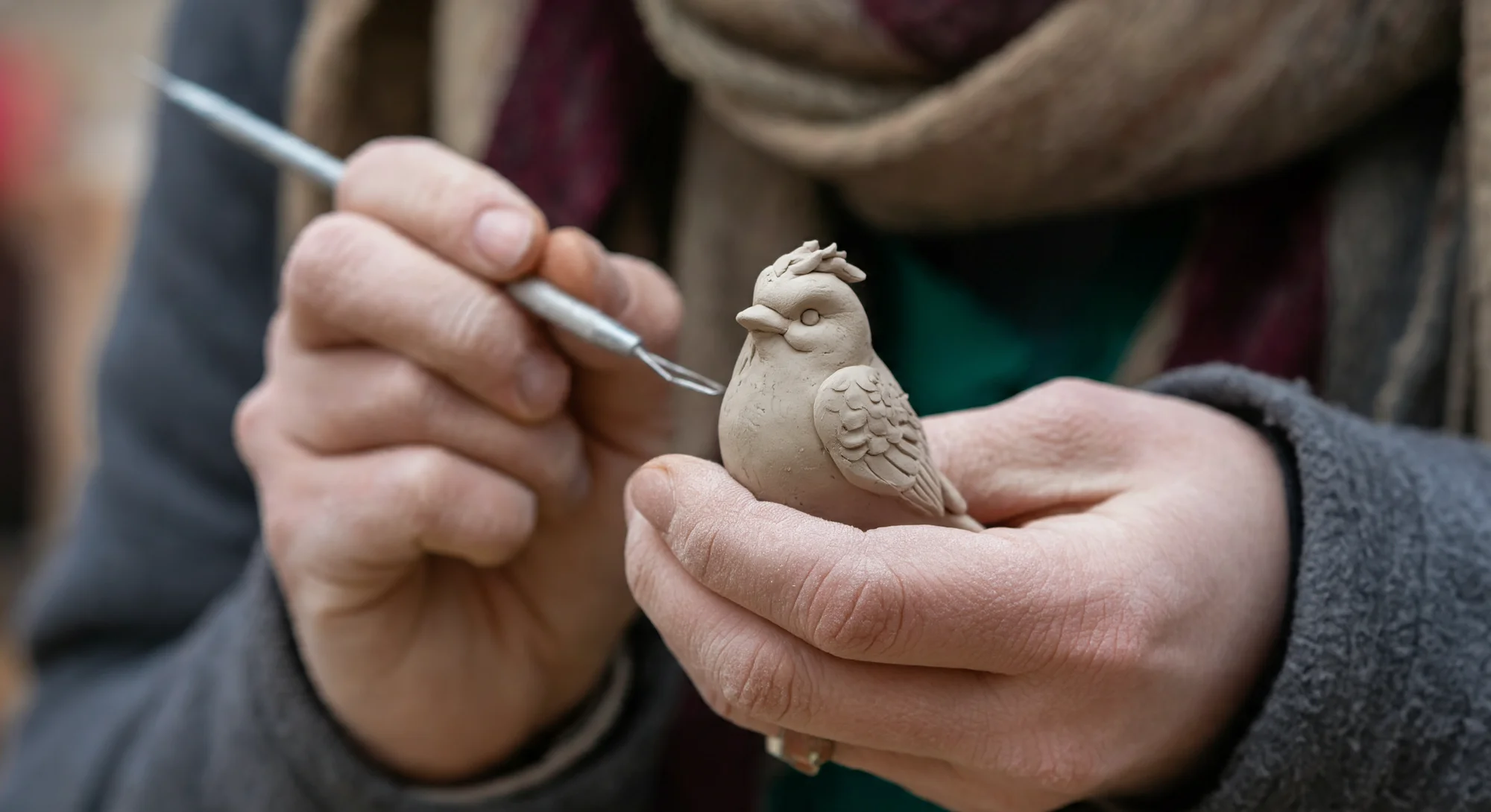 一个人的手持着一个小粘土鸟的雕像，另一只手用雕刻工具雕刻。手上沾满了粘土灰尘。雕刻者穿着灰色的羊毛夹克和棕色与酒红色的围巾。