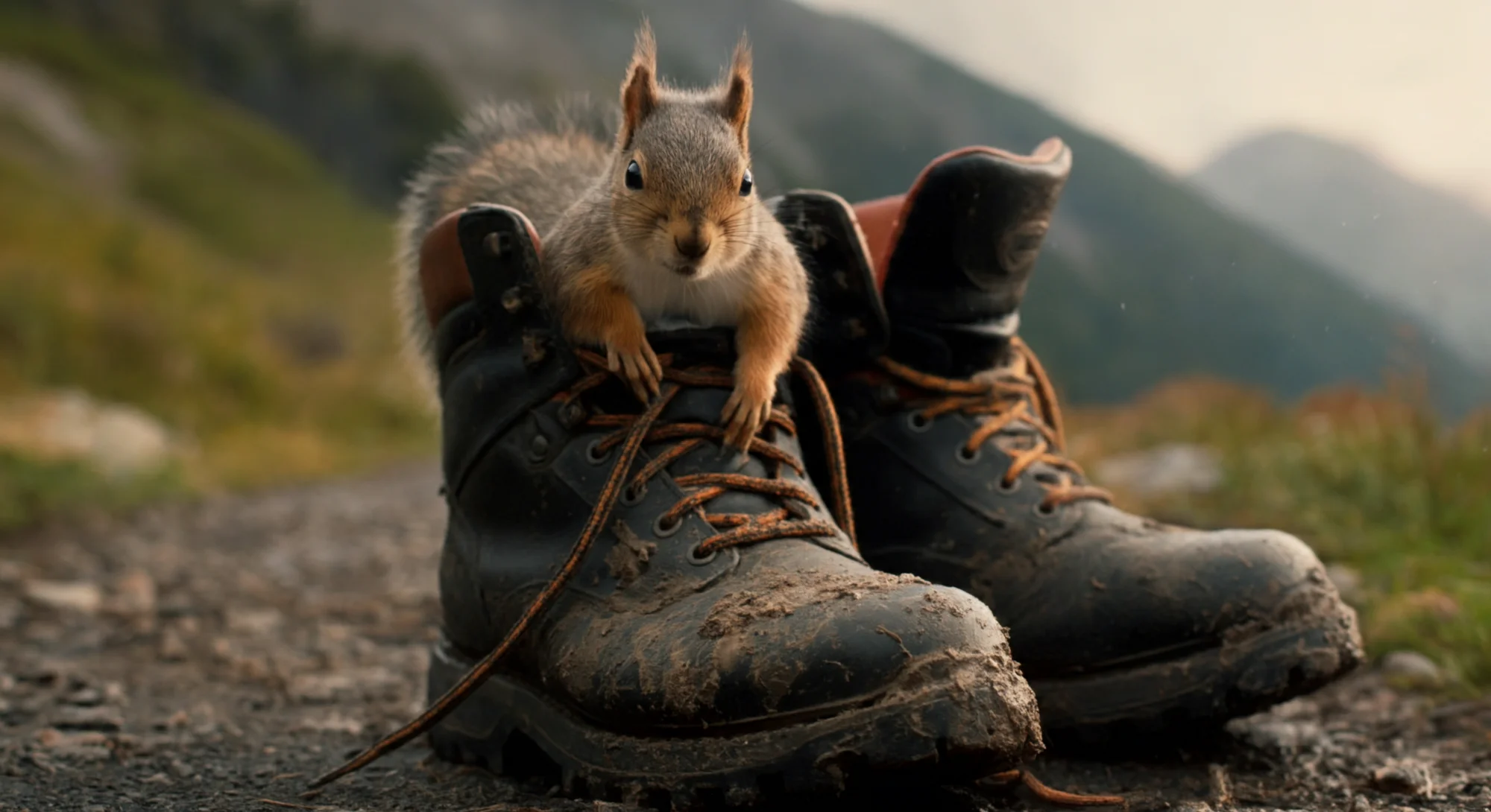 一只好奇的松鼠从一只泥泞的徒步靴里探出头来，背景是模糊的山脉。