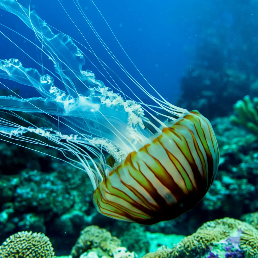 一只大水母在海洋中漂浮，长长的触手随水流动。水母有一个圆形的半透明钟形体，带有棕色条纹和一簇花边般的口臂。它周围是蓝色的水，背景中可以看到珊瑚礁。