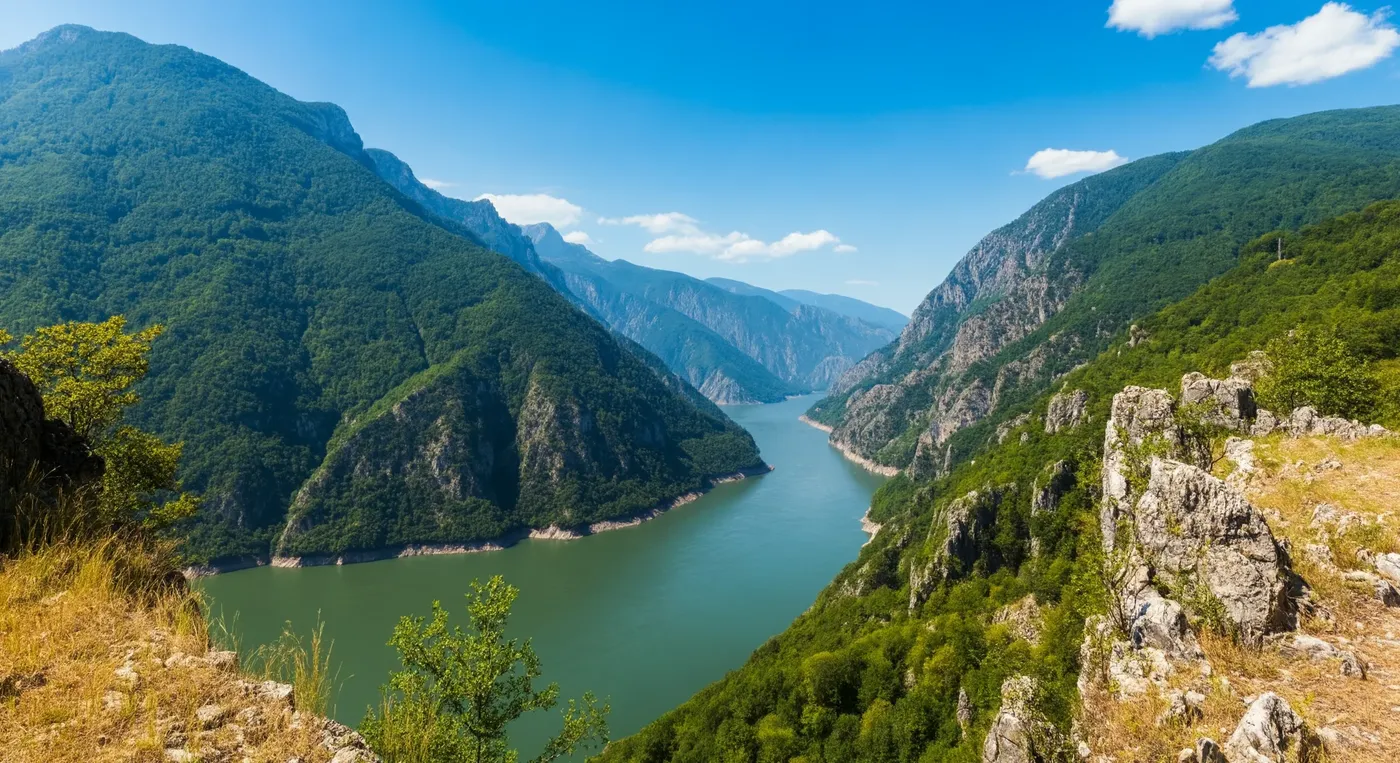 一条宽阔的河流穿过一条深峡谷，峡谷被郁郁葱葱的绿色山脉环绕，天空晴朗。河流平静，倒映出周围的景色。阳光明媚，山坡上投下阴影，突出岩石的纹理。