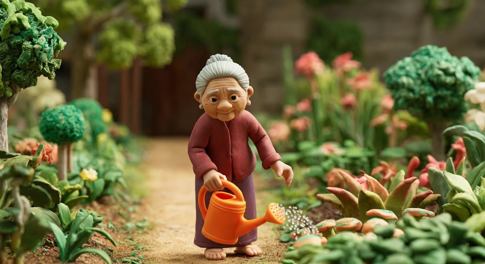 一个完全由粘土制成的场景，描绘了一位穿着红色上衣和褐色裙子的老年女性。她正在花园的一条笔直的小径上行走，小径两旁长满了茂盛的植物。她右手拿着一个大橙色的浇水壶，正在用它给植物浇水。