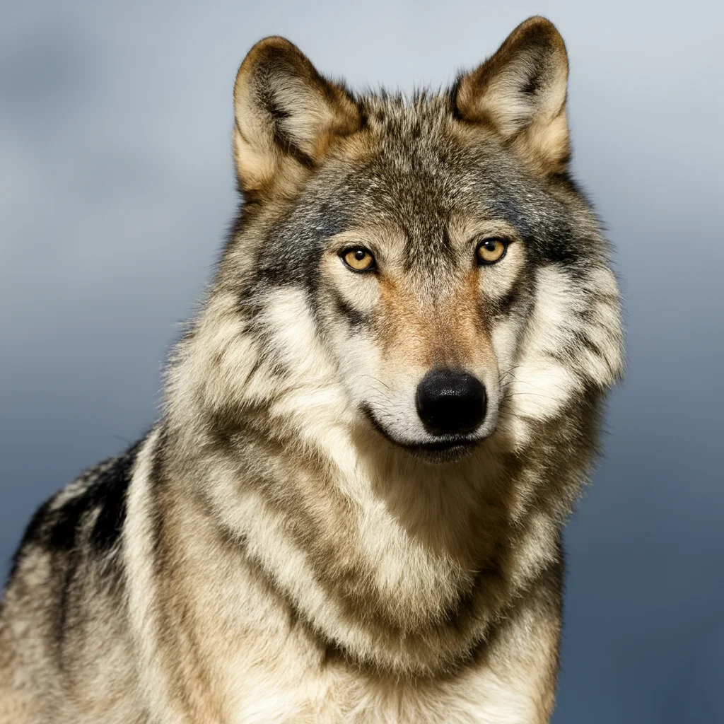 一只灰狼的特写肖像，具有强烈的黄色眼睛。狼有厚厚的灰色和棕色毛皮外套和黑色鼻子。它直视着观众，表情平静但警觉。背景是模糊的蓝灰色天空。