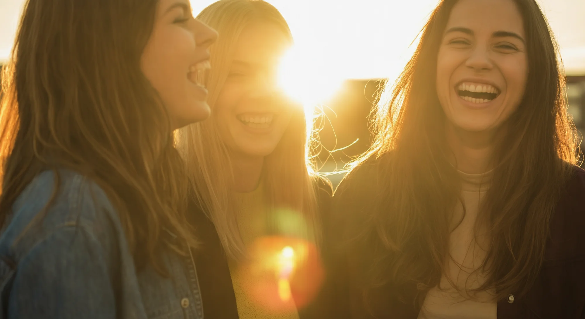 三个年轻女人站成一圈，开心地笑着。背景是夕阳，产生了镜头光斑，给画面带来了温暖的光芒。