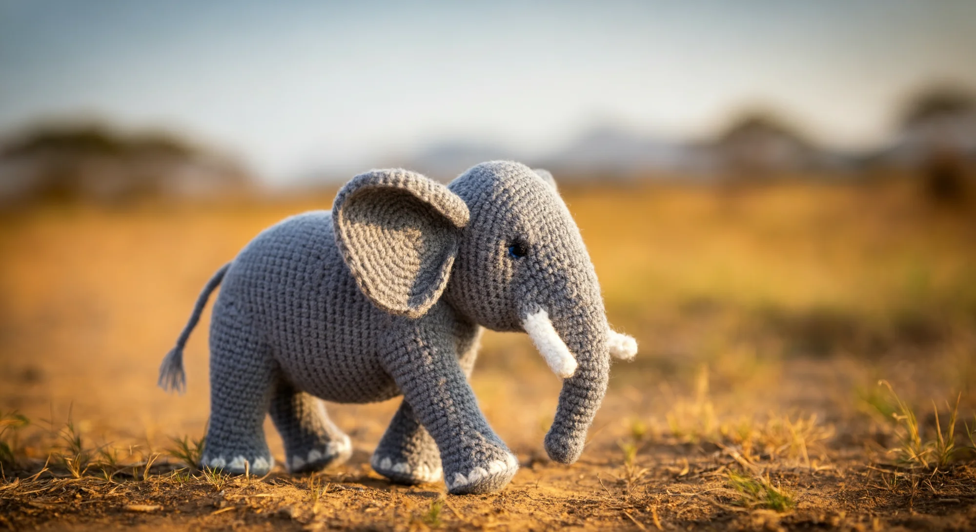 一个灰色的钩编大象玩具站在草地上的土路上。大象有白色的獠牙和指甲以及黑色的眼睛。背景是模糊的绿色和棕色的植物，远处夕阳西下。