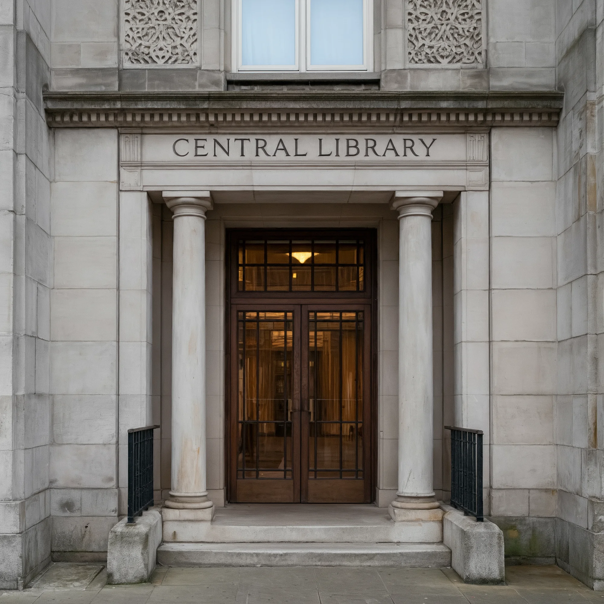 一座宏伟的石制建筑入口，上方刻有“中央图书馆”字样。入口由两根柱子框架，设有一组带玻璃窗的大木门。