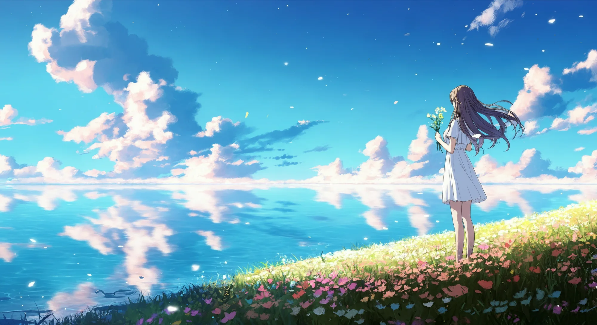 一幅动漫风格的图像，展示了一位穿着白色连衣裙的女孩站在一个广阔湖泊的岸边，手捧鲜花，仰望满是粉色云彩的天空。天空的倒影映在水面上。周围是野花覆盖的小山丘。