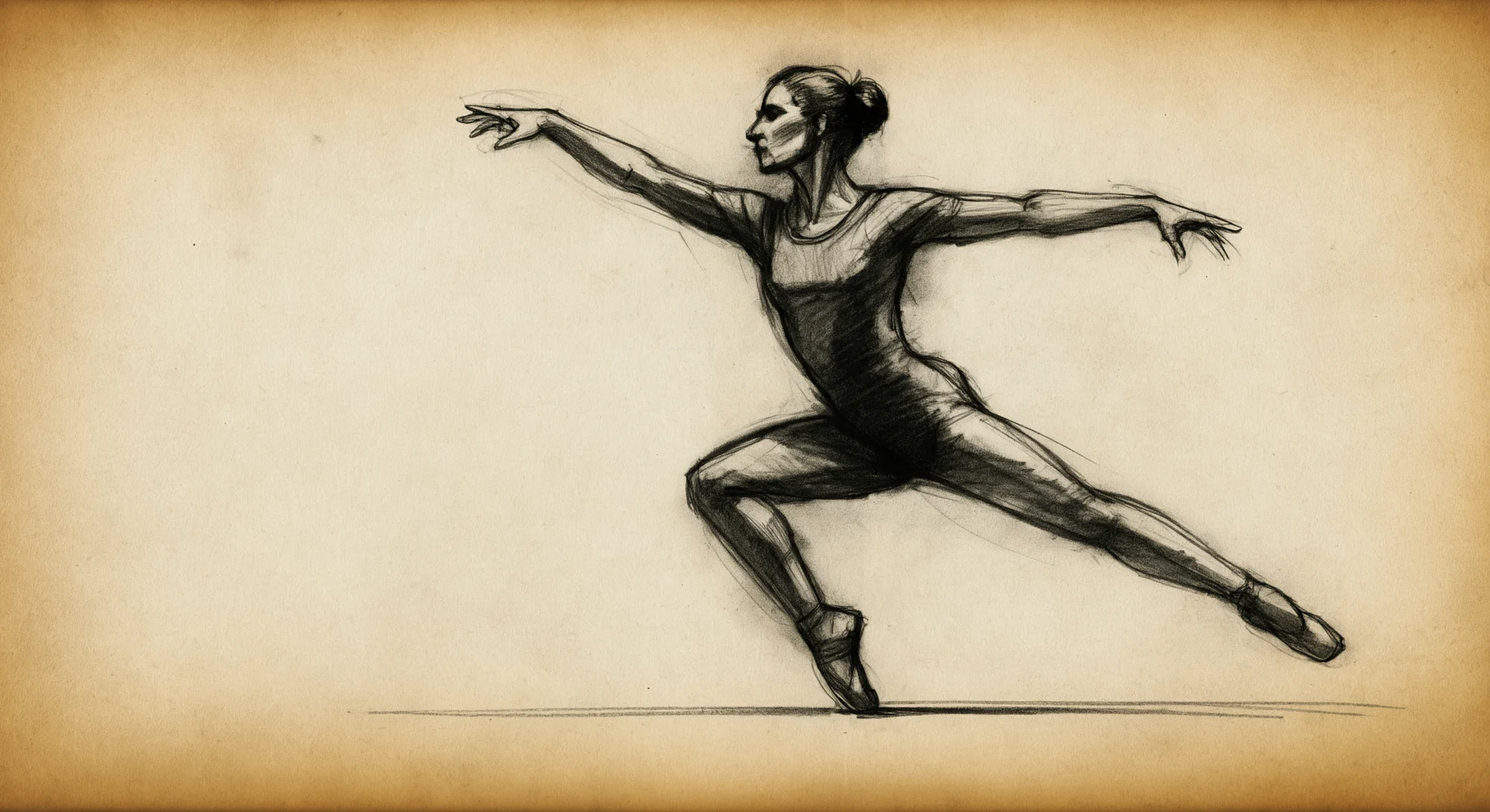 一幅女性舞者的动态动作炭笔素描。素描绘制在陈旧的羊皮纸上。