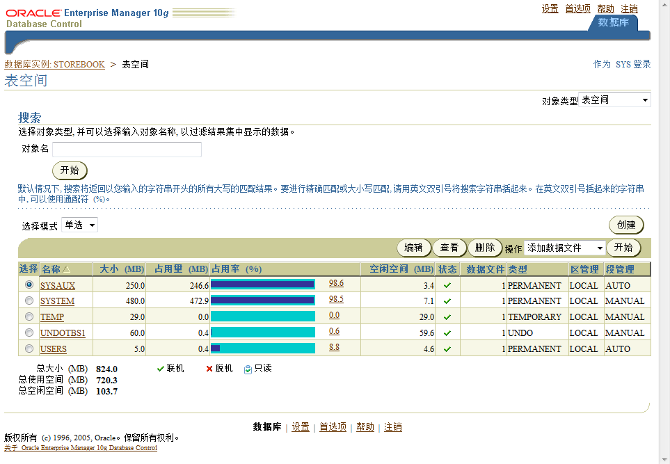 数据库实例: STOREBOOK > 表空间