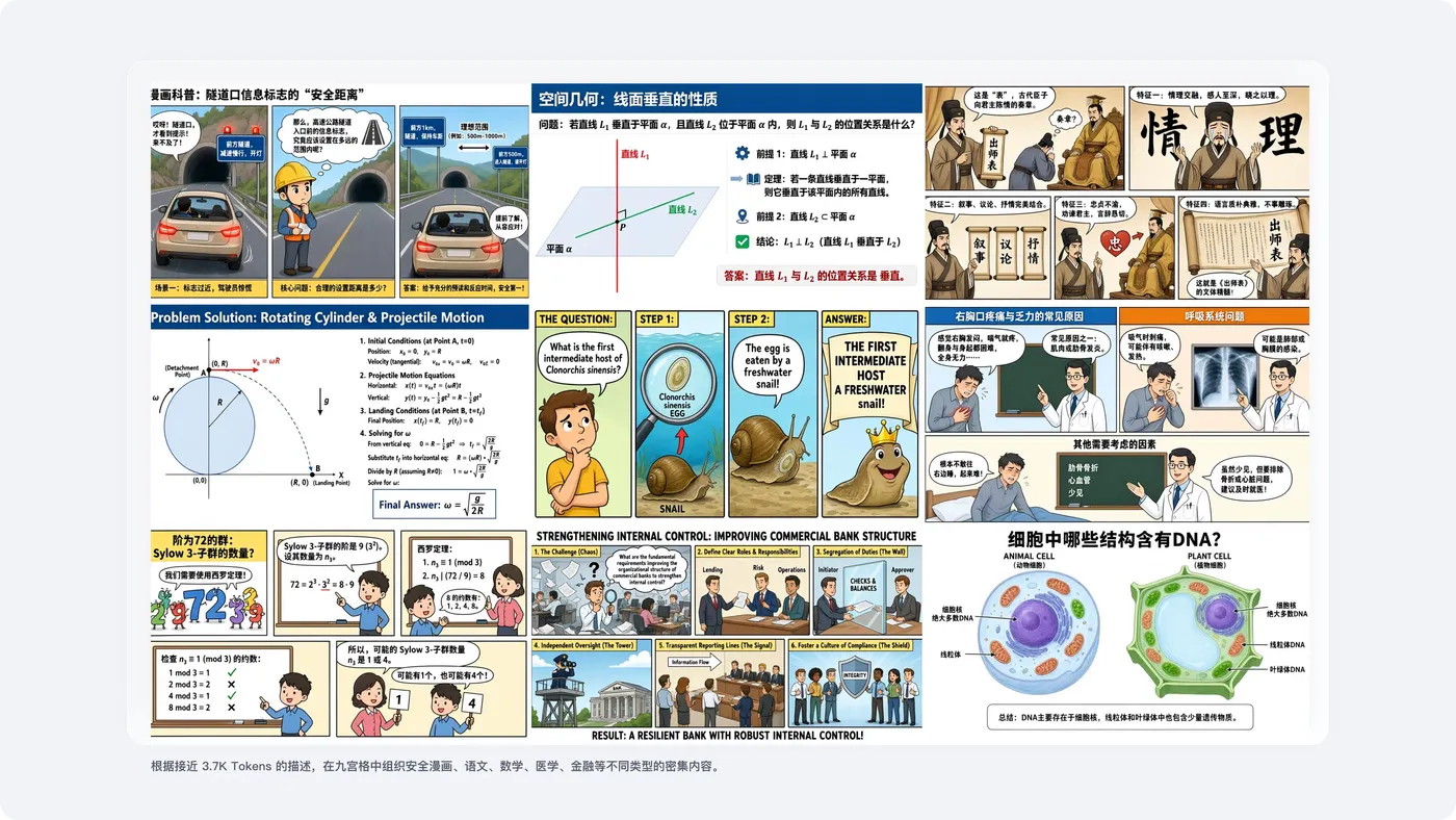 在九宫格中组织安全漫画、语文、数学、医学、金融等不同类型的密集内容
