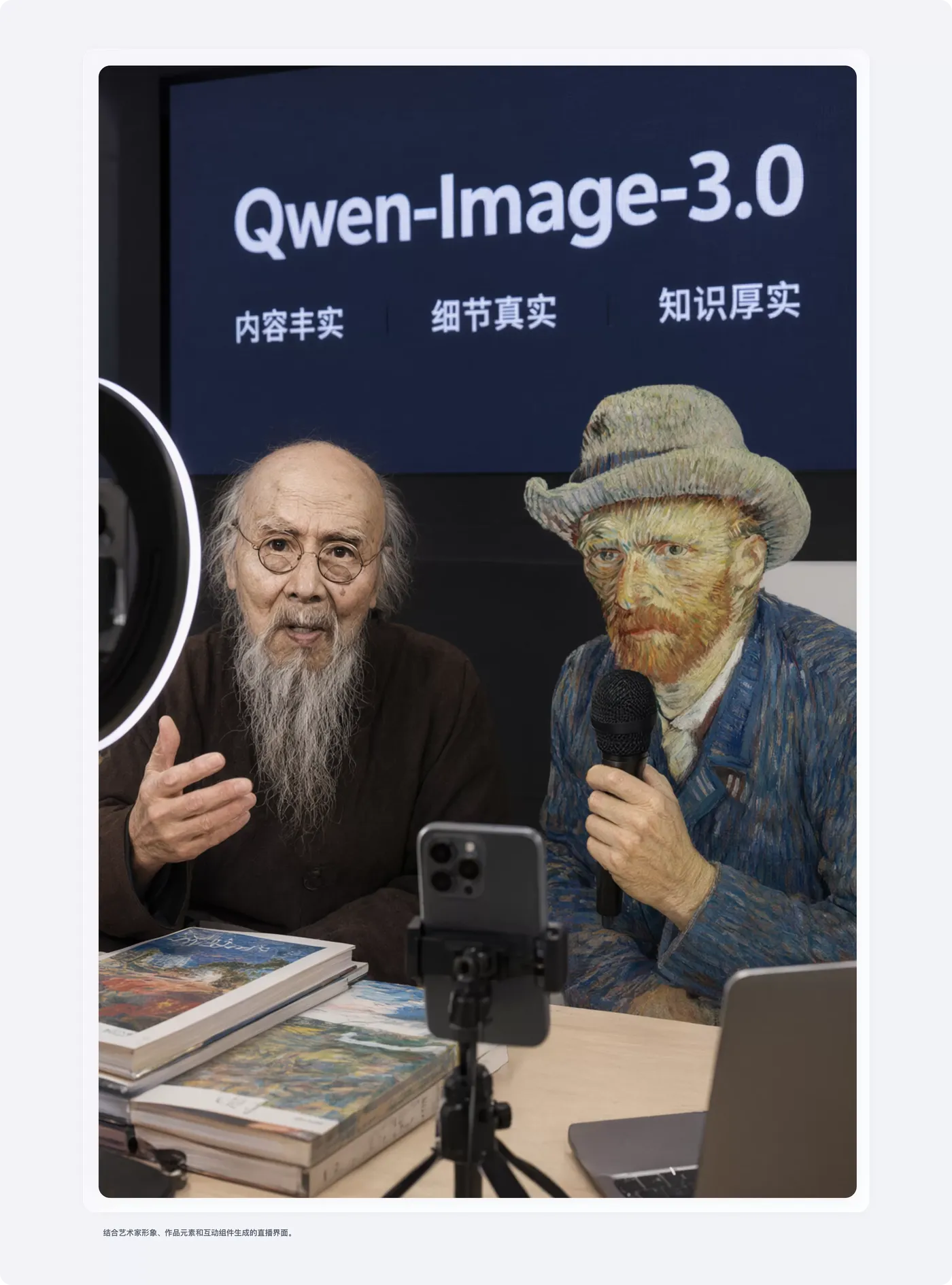 结合艺术家形象、作品元素和互动组件生成的直播界面