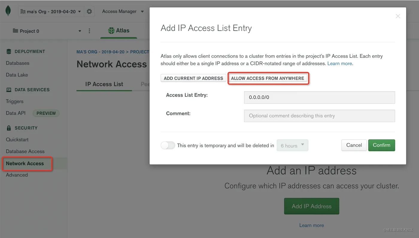 在 mongodb.com 设置允许链接的IP
